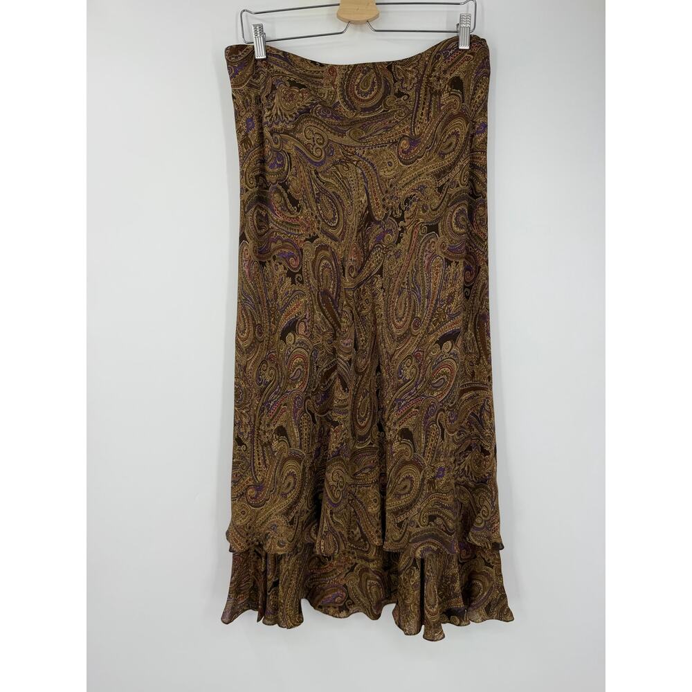 Vintage Jones NYC Womens 100% Silk Midi Skirt Size 14 Brown Floral Dark Fairy - Picture 2 of 9